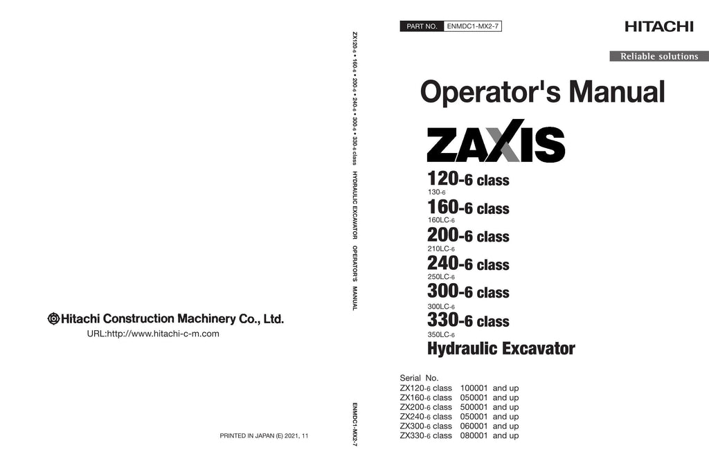 HITACHI 120-6 160-6 200-6 240-6 300-6 330-6  class  EXCAVATOR OPERATORS MANUAL