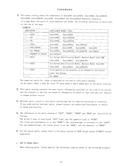 Hitachi ZAXIS 240LCK 250 250LC 250LCN excavator parts catalog manual