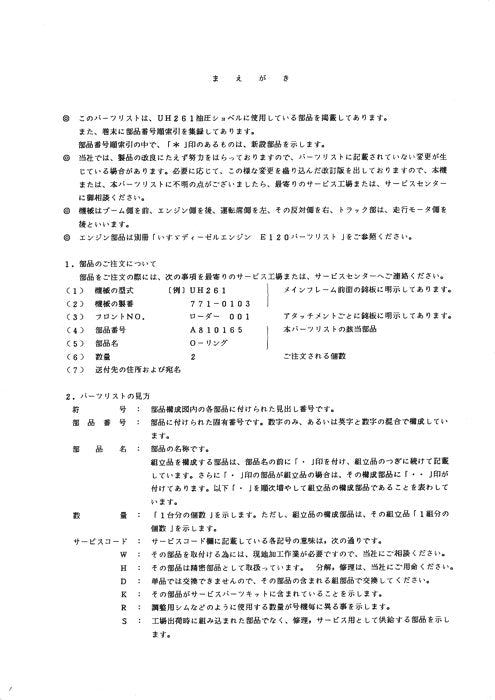 Hitachi UH261 excavator parts catalog manual serial 0103-0299