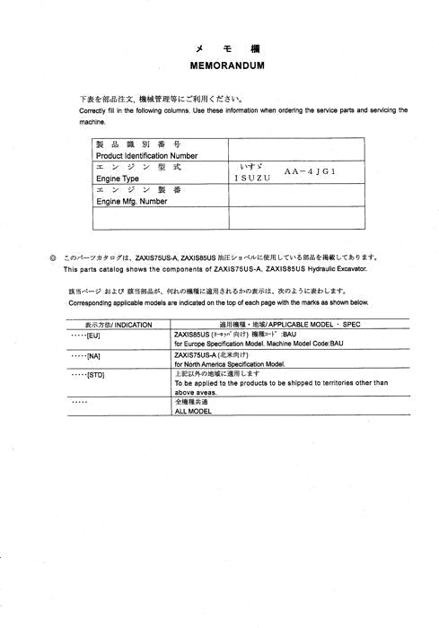 Manual del catálogo de piezas de la excavadora Hitachi ZAXIS 75US