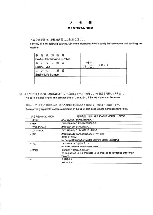 Hitachi ZAXIS 225US-E 225USLC-E excavator parts catalog manual 100001-