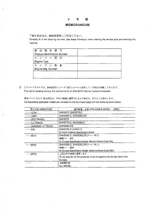 Hitachi ZAXIS 270 270LC 280LC 280LCN excavator parts catalog manual ser 020001-