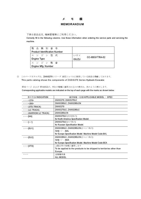 Hitachi ZAXIS 270 270LC 280LC 280LCN excavator parts catalog manual ser 020001