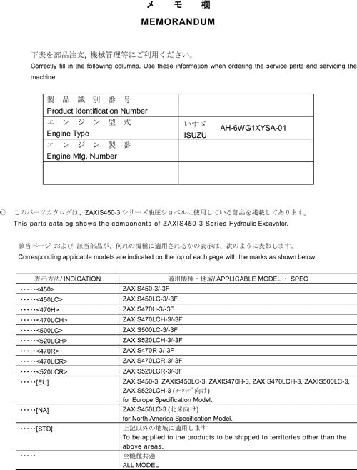 Hitachi ZAXIS 450-3 ZAXIS 450LC-3 excavator parts catalog manual