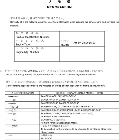 Hitachi ZAXIS 850-3 850LC-3 870H-3 870LCH-3 excavator parts catalog manual