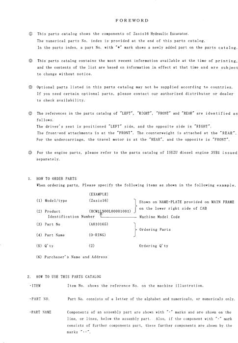 Hitachi ZAXIS 16 excavator parts catalog manual