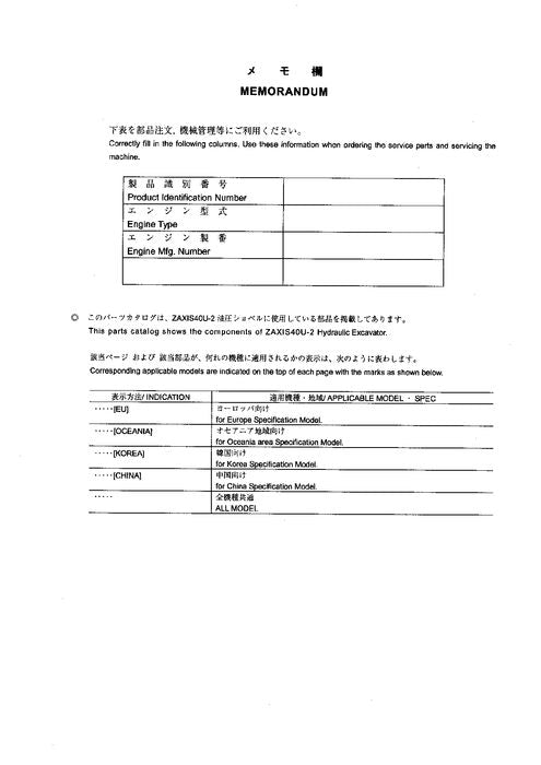 Hitachi ZAXIS 40U-2 excavator parts catalog manual