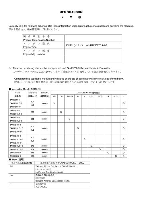 Hitachi ZAXIS 200-3 200LC-3 210H-3 210LCH-3 210K-3 210LCK-3 210LCN-3 240N-3 excavator parts catalog manual