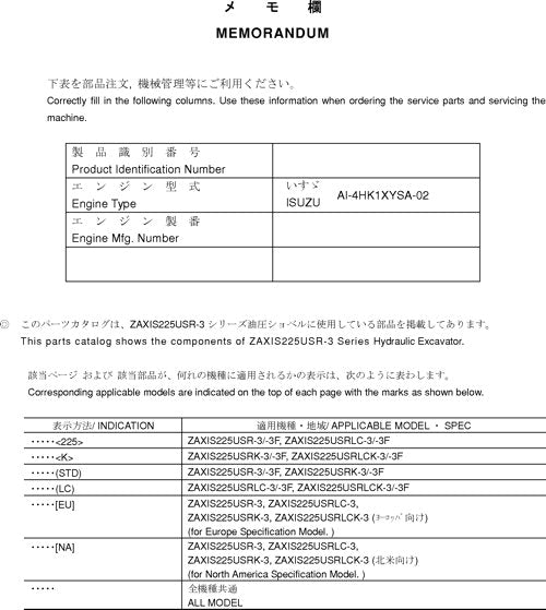 Hitachi ZAXIS 225USRLC-3 excavator parts catalog manual