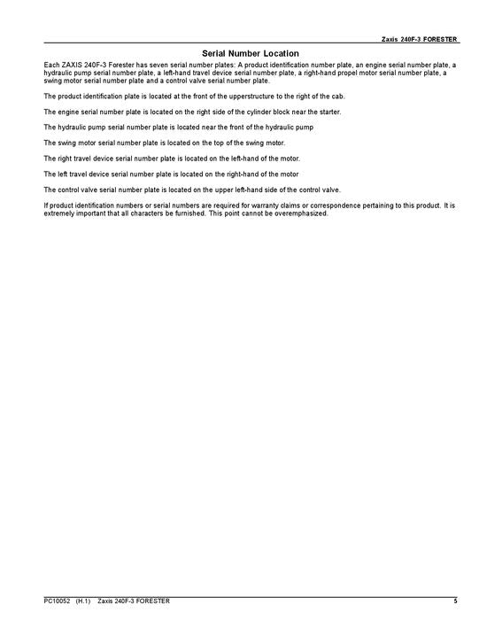 Hitachi ZAXIS 240F-3 excavator parts catalog manual