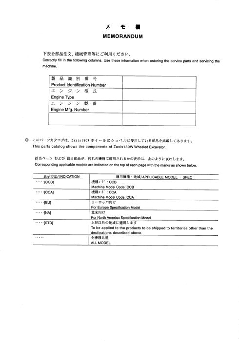 Hitachi ZAXIS 180W excavator parts catalog manual 001001-