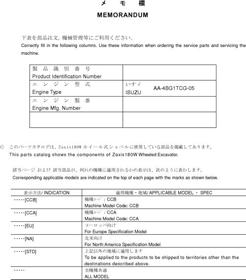 Hitachi ZAXIS 180W excavator parts catalog manual