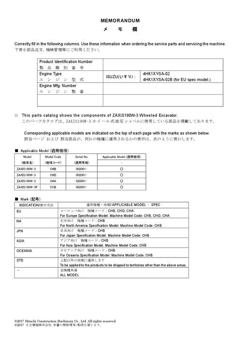 Hitachi ZAXIS 190W-3 excavator parts catalog manual