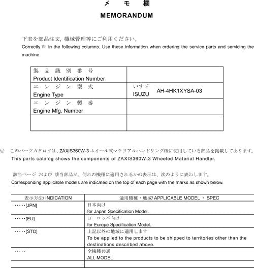 Hitachi ZAXIS 360W-3 excavator parts catalog manual