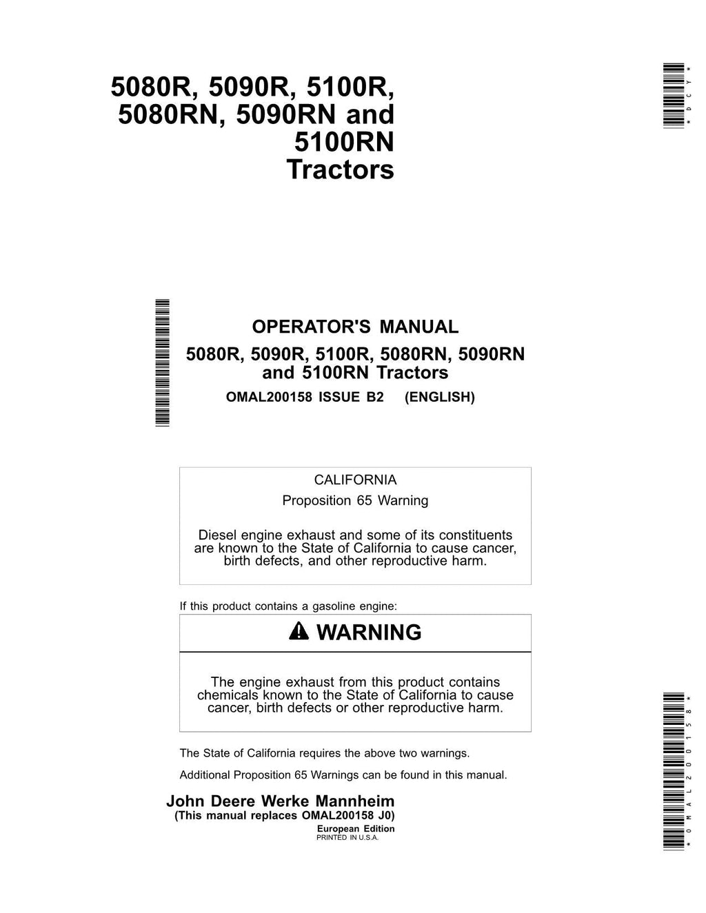 JOHN DEERE 5080R 5090R 5100R 5080RN 5090RN 5100RN TRACTOR OPERATORS MANUAL