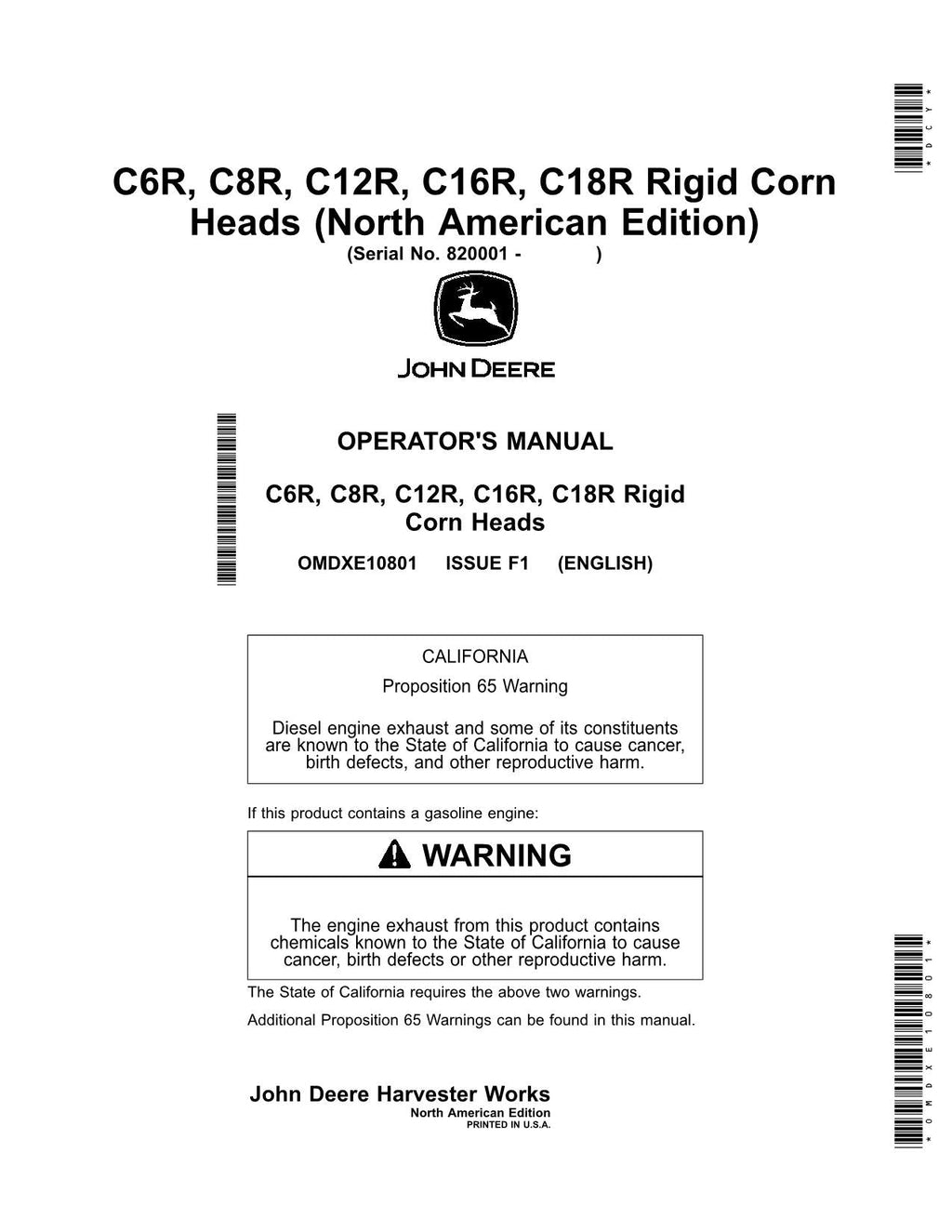 JOHN DEERE C6R C8R C12R C16R C18R CABEZAL DE MAÍZ RÍGIDO MANUAL DEL OPERADOR 820001-825000