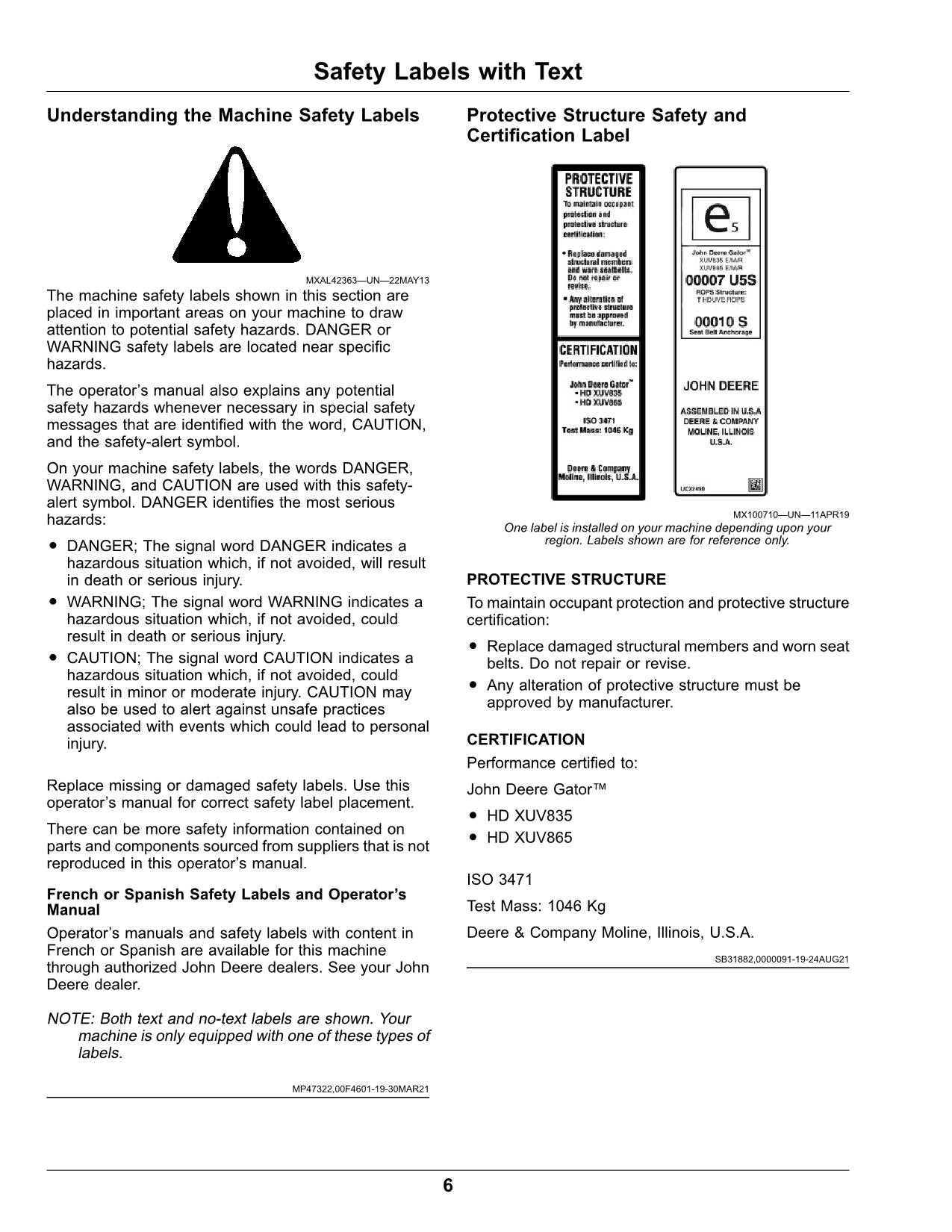 JOHN DEERE XUV835E XUV835M XUV835R GATOR OPERATORS MANUAL 050001-