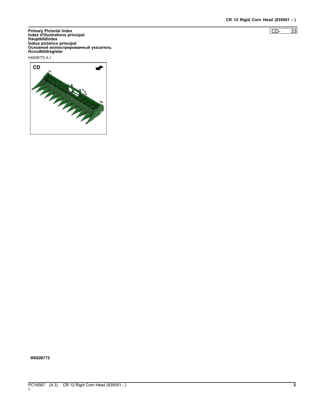 Catálogo de piezas del cabezal de maíz rígido John Deere CR 12 CR12 Manual sn 835001 -
