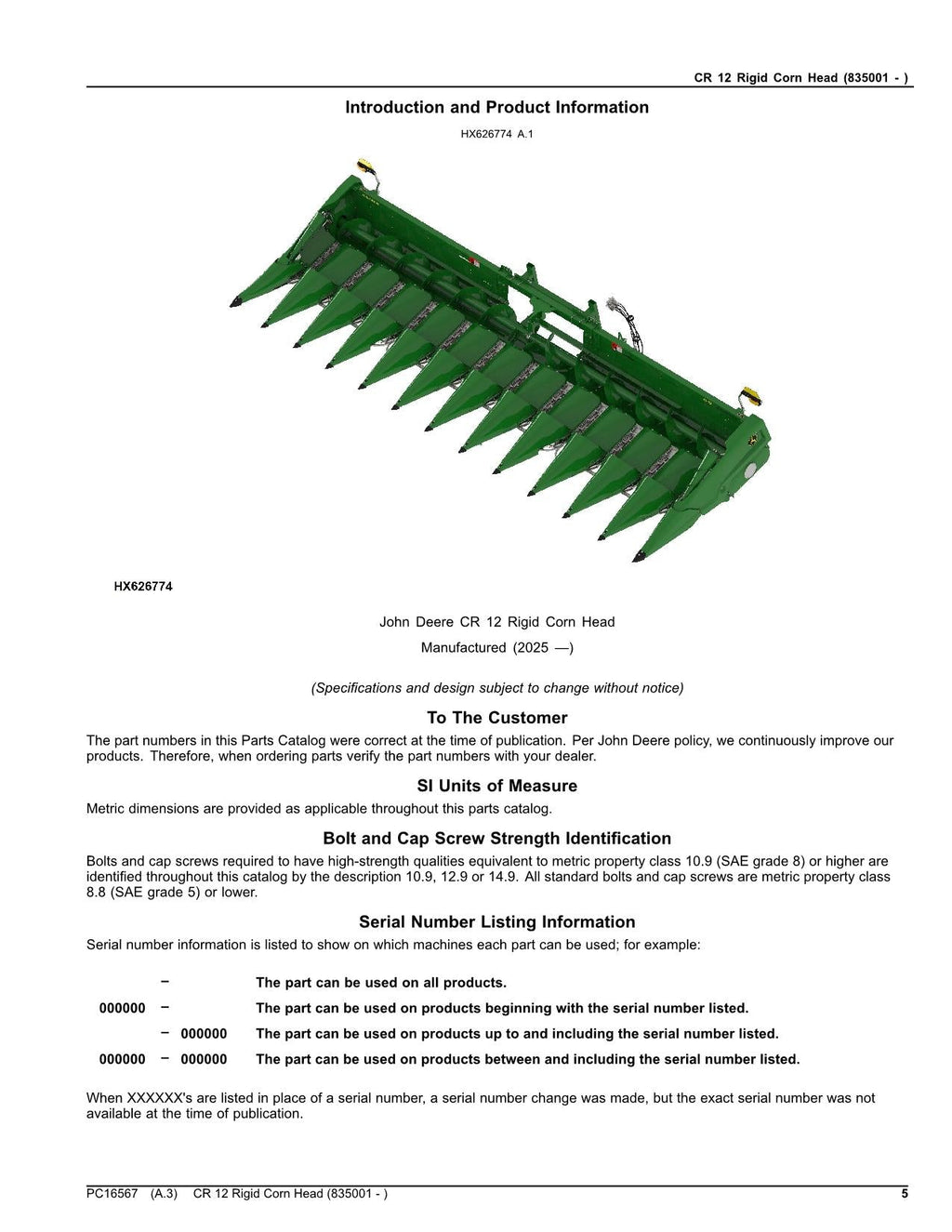 Catálogo de piezas del cabezal de maíz rígido John Deere CR 12 CR12 Manual sn 835001 -