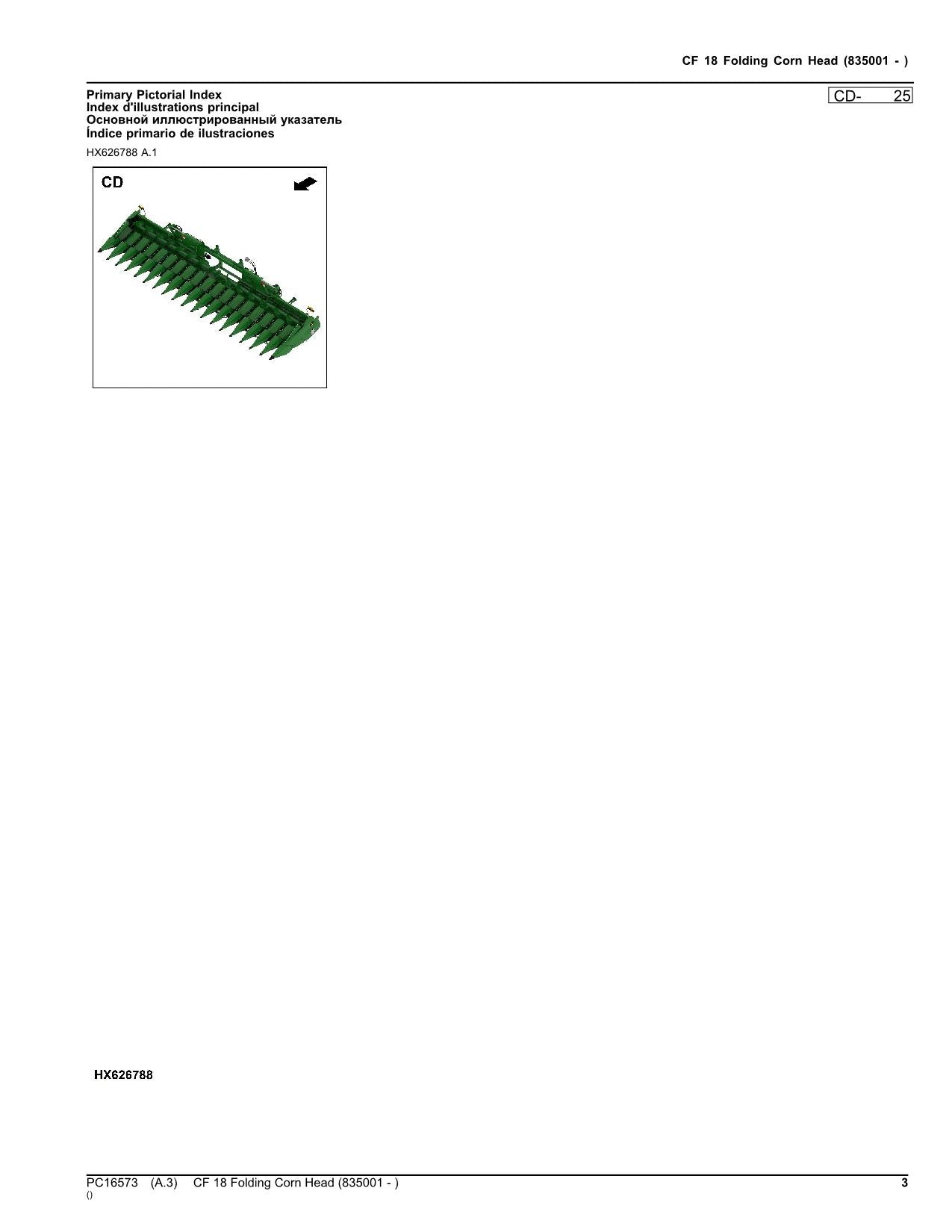 Catálogo de piezas del cabezal de maíz plegable John Deere CF 18 CF18 Manual sn 835001 -