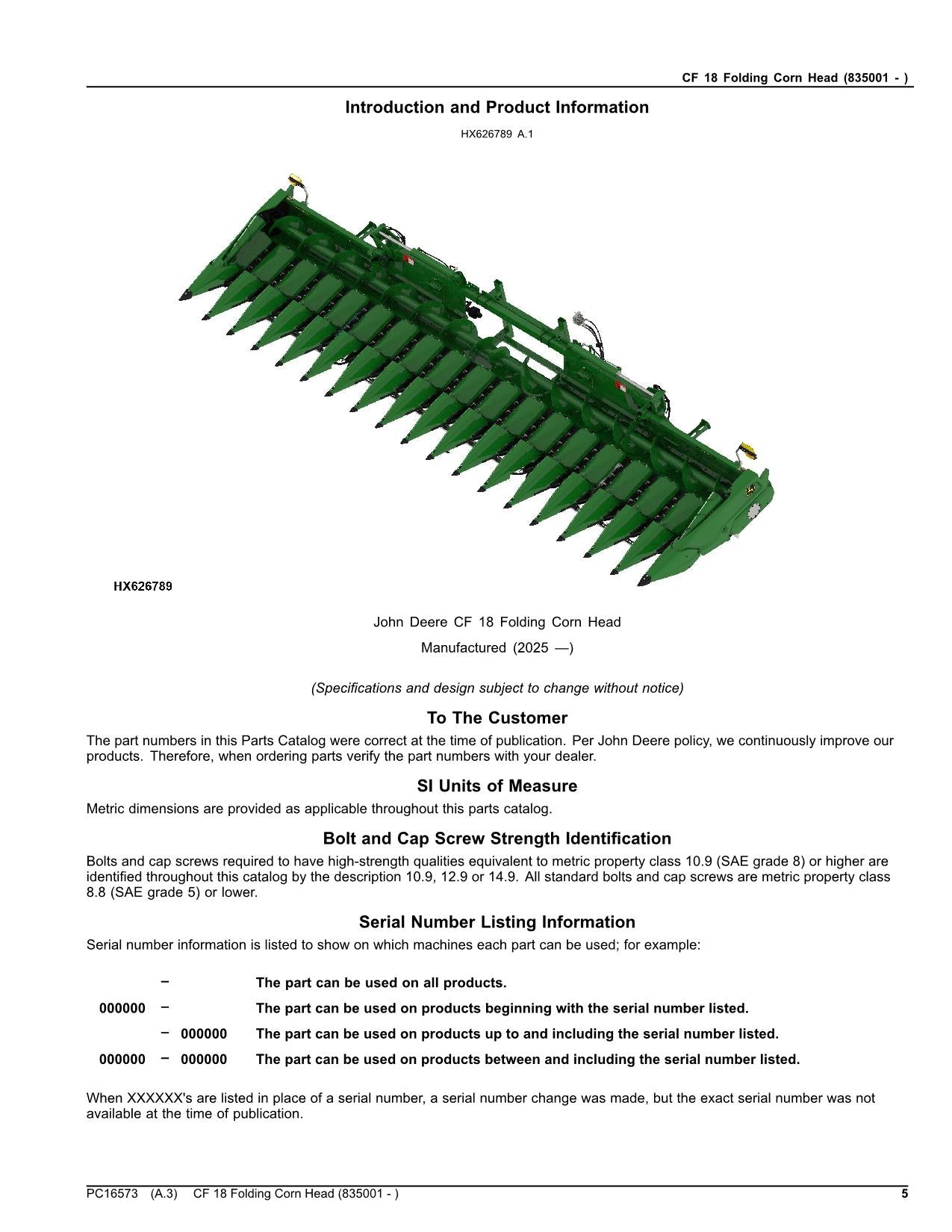 Catálogo de piezas del cabezal de maíz plegable John Deere CF 18 CF18 Manual sn 835001 -