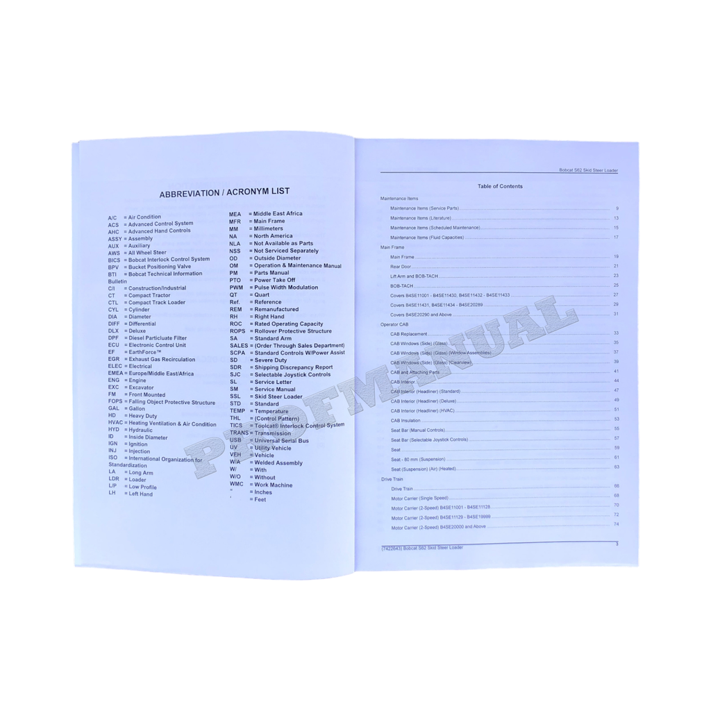 Bobcat S62 Skid Steer Loader Parts Catalog Manual