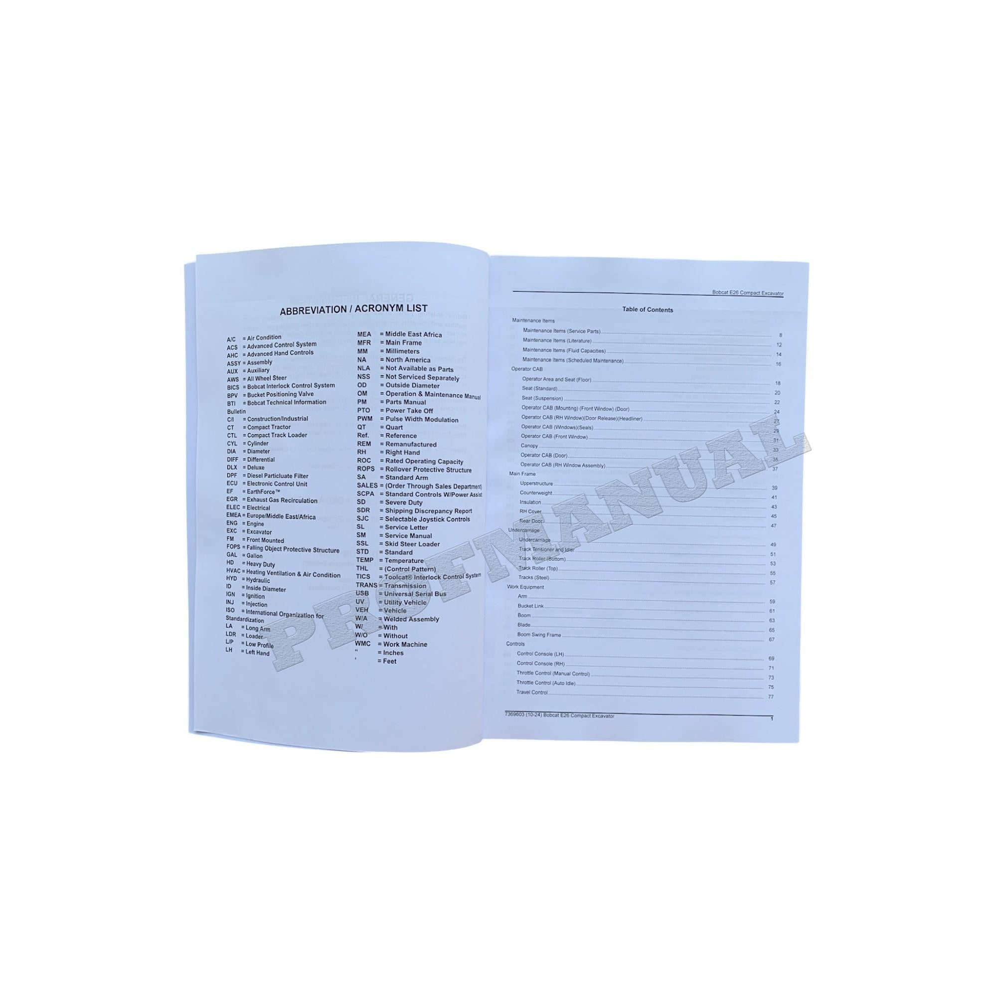 Bobcat E26 Excavator Parts Catalog Manual B4S911001-