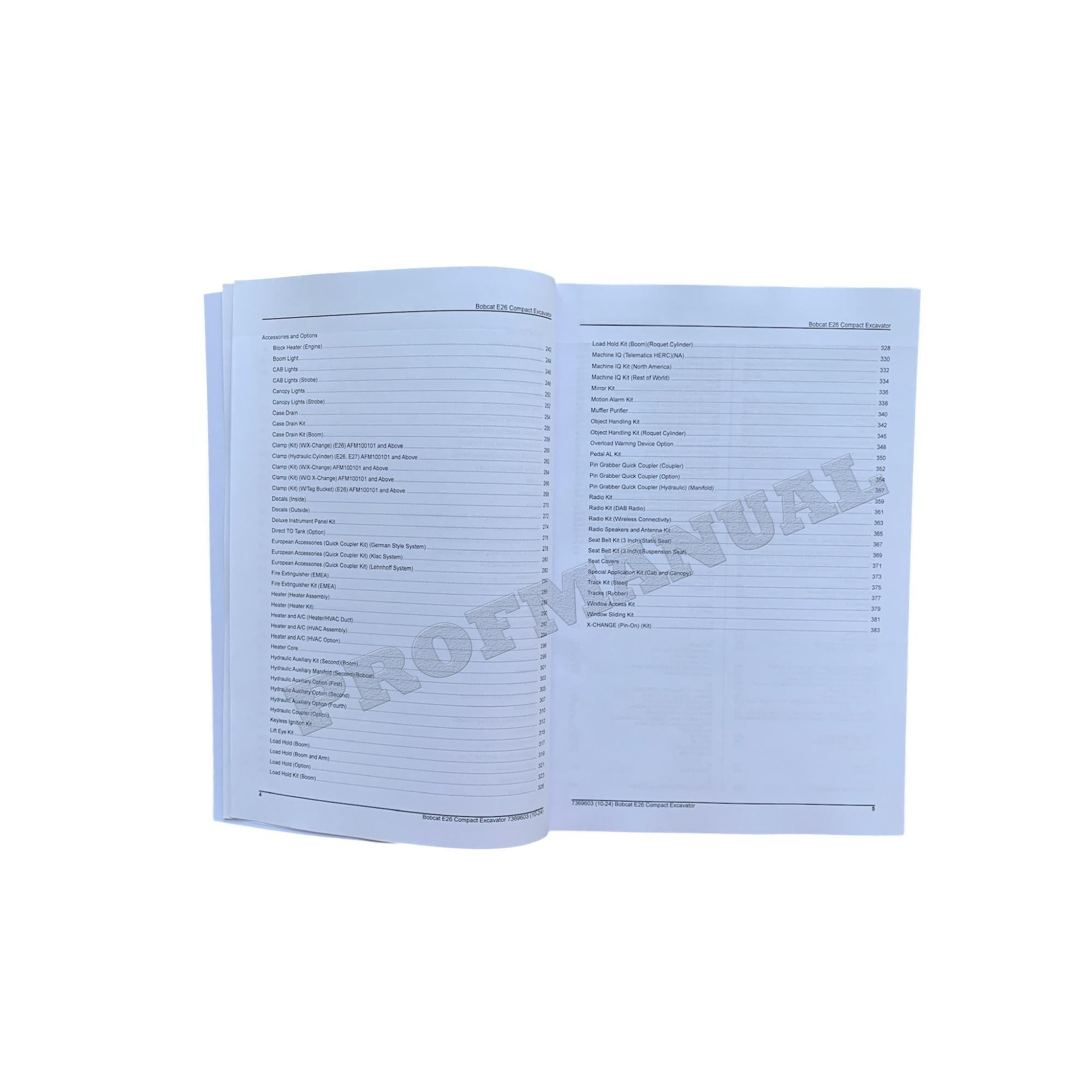 Bobcat E26 Excavator Parts Catalog Manual B4S911001-