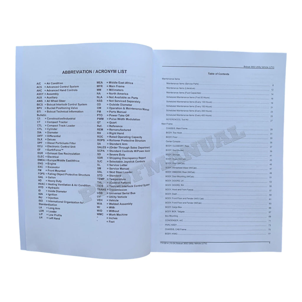 Bobcat 3650 Utility Vehicle Parts Catalog Manual B3C317001-