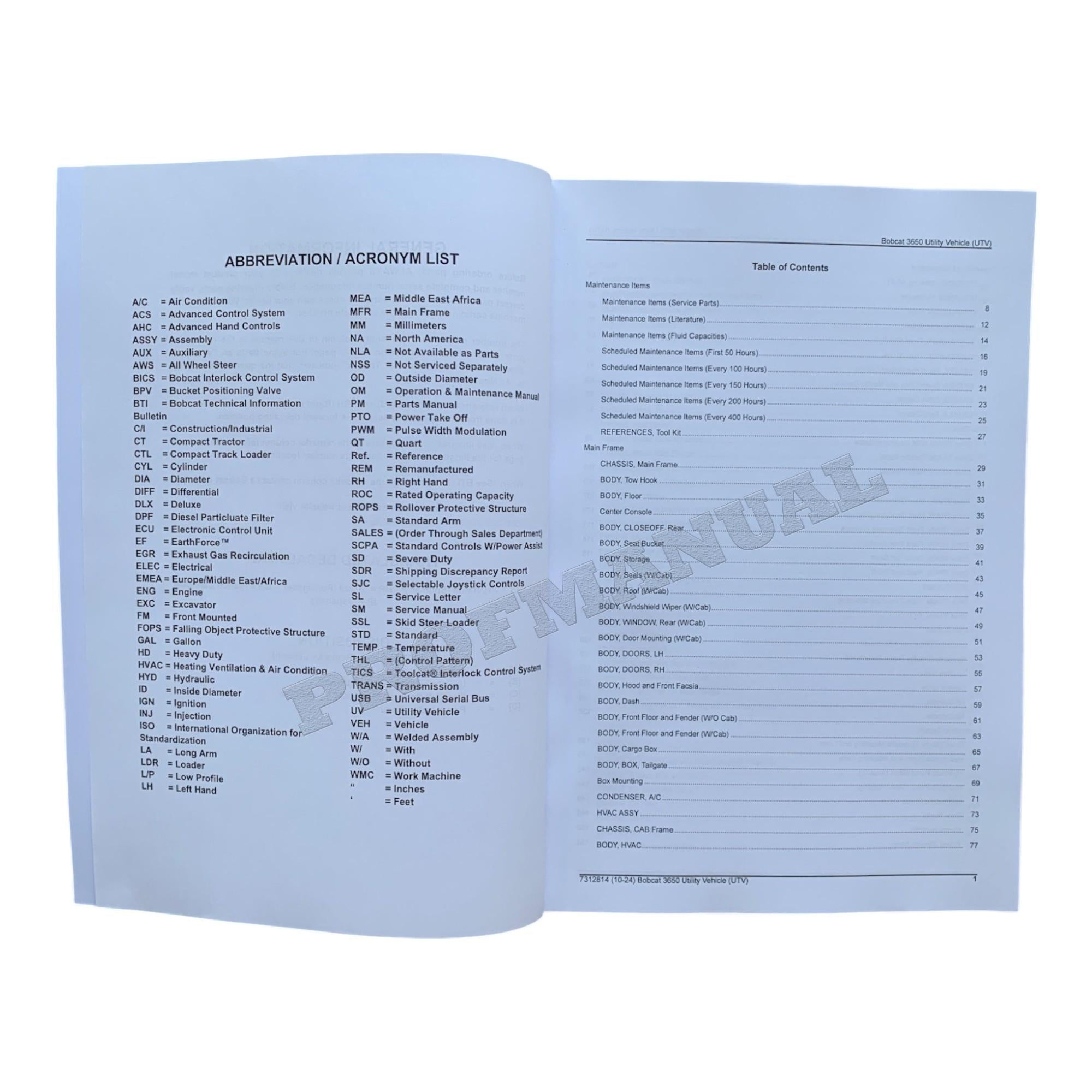 Bobcat 3650 Utility Vehicle Parts Catalog Manual B3C317001-