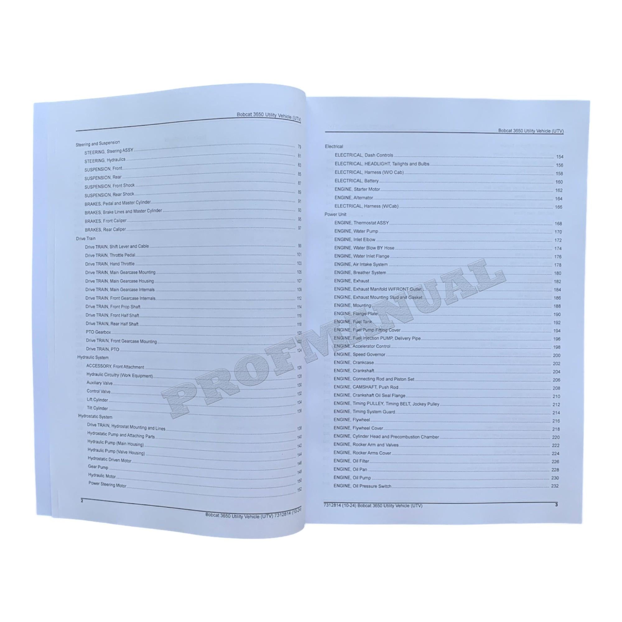 Bobcat 3650 Utility Vehicle Parts Catalog Manual B3C317001-