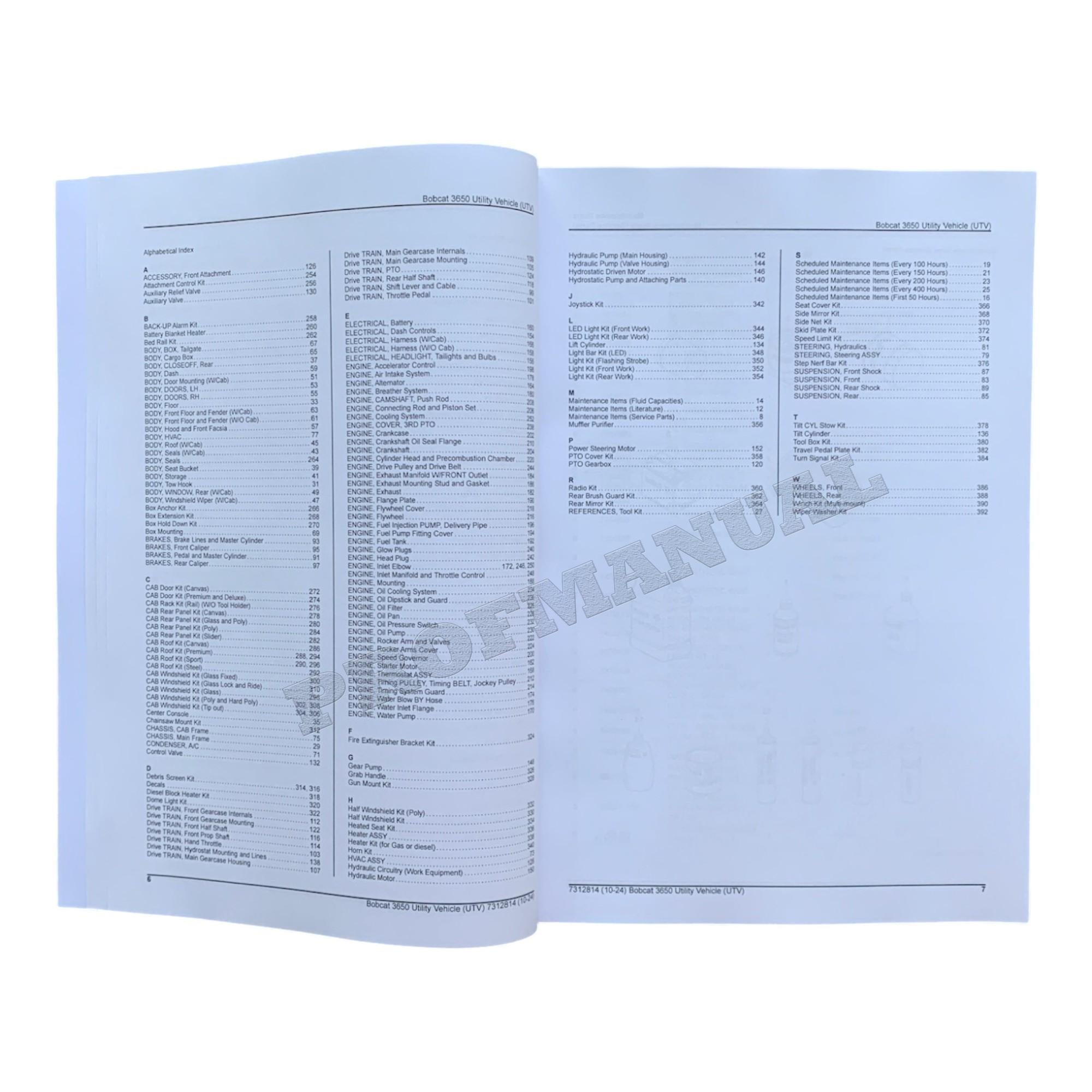 Bobcat 3650 Utility Vehicle Parts Catalog Manual B3C317001-