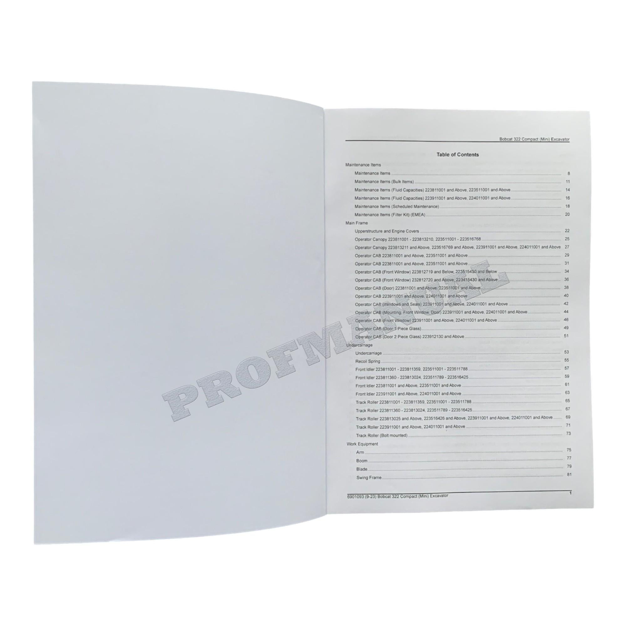 Bobcat 322 Excavator Parts Catalog Manual 223511001- 223811001- 223911001-