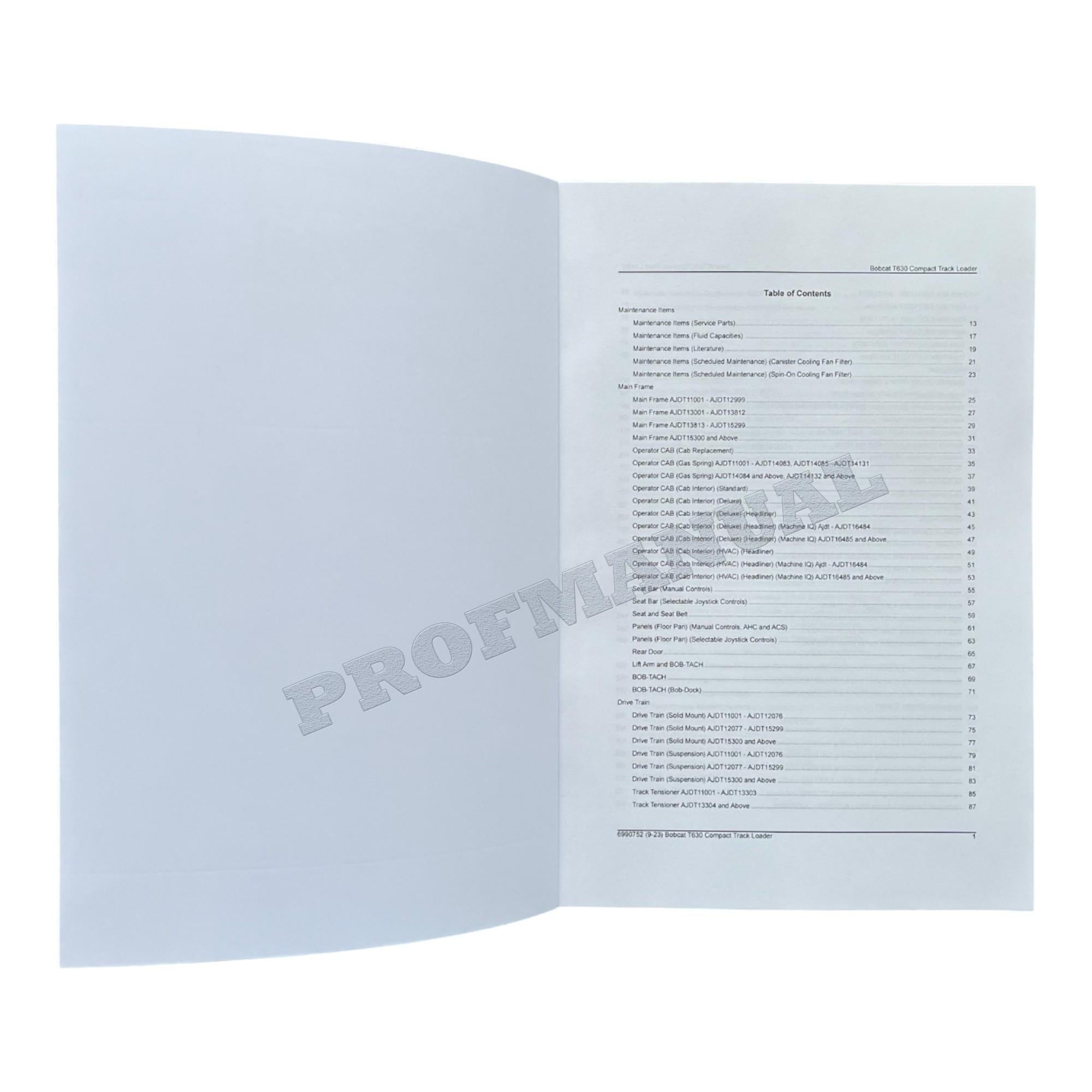 Bobcat T630 Compact Track Loader Parts Catalog Manual AJDT11001-