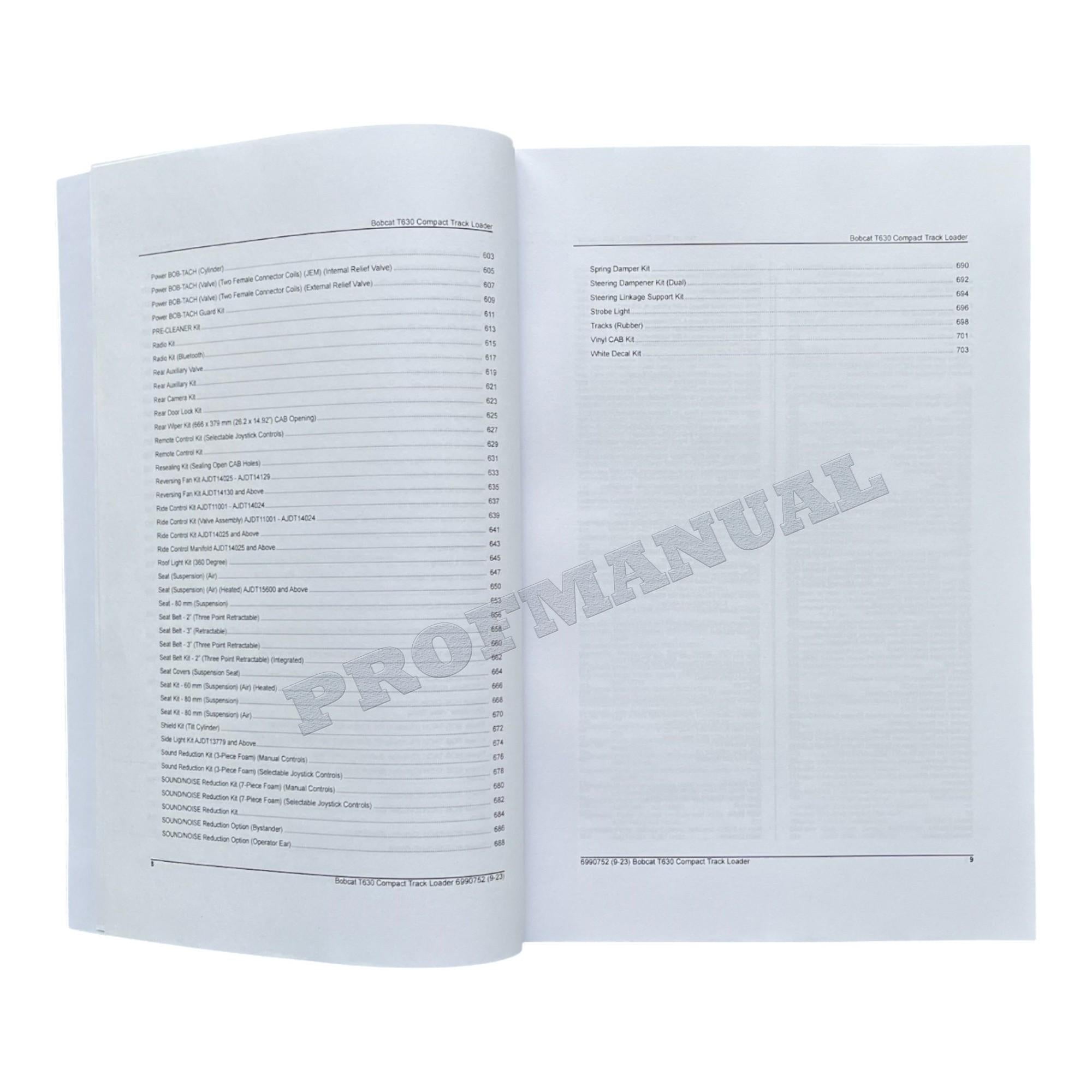 Bobcat T630 Compact Track Loader Parts Catalog Manual AJDT11001-