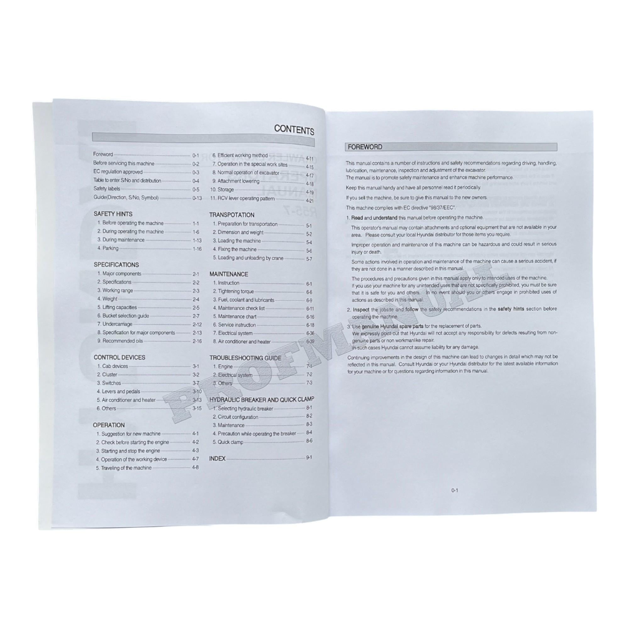 Manual de mantenimiento del operador de la excavadora sobre cadenas Hyundai R55-7