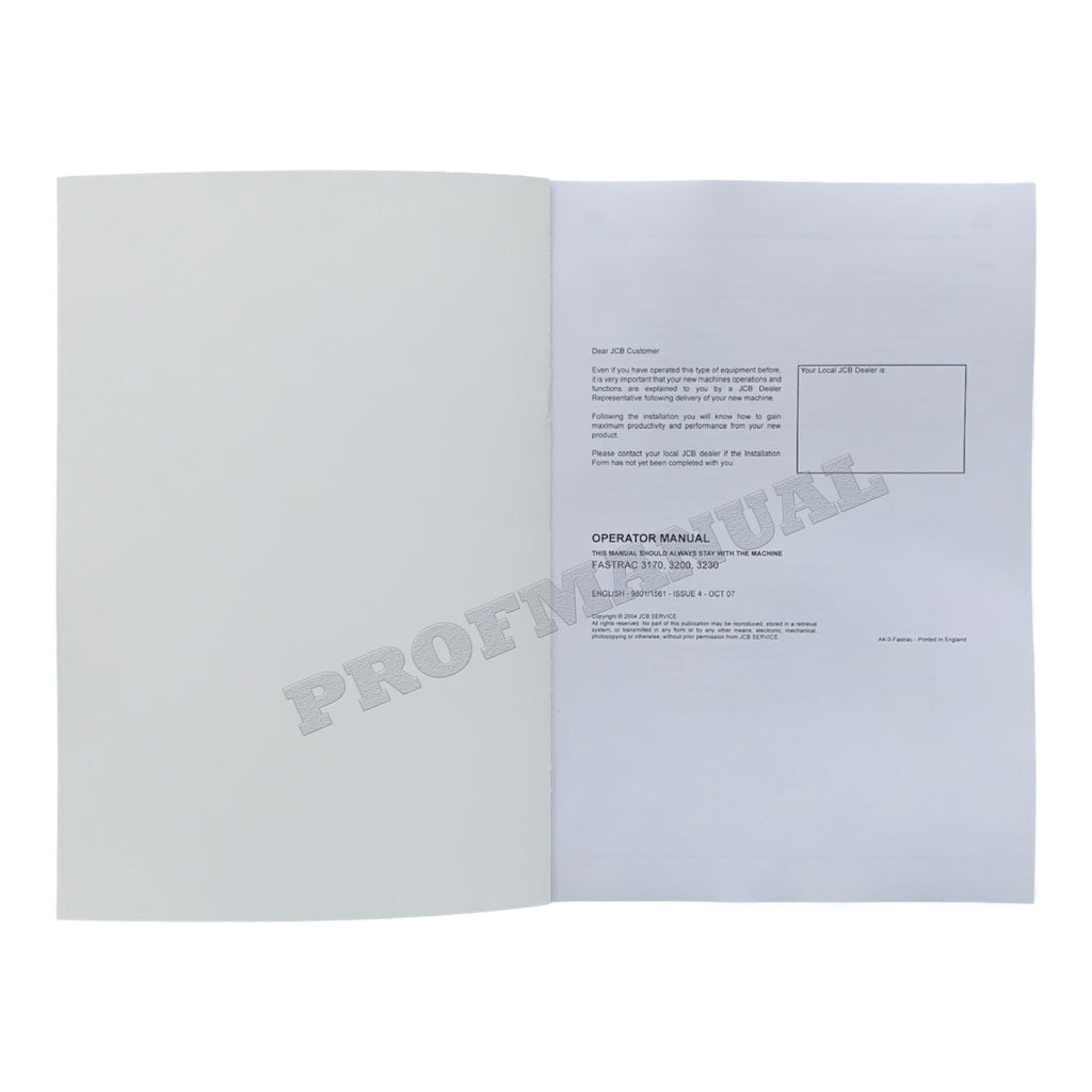 JCB 3170 3200 3230 FASTRAC Tractor Operators Manual