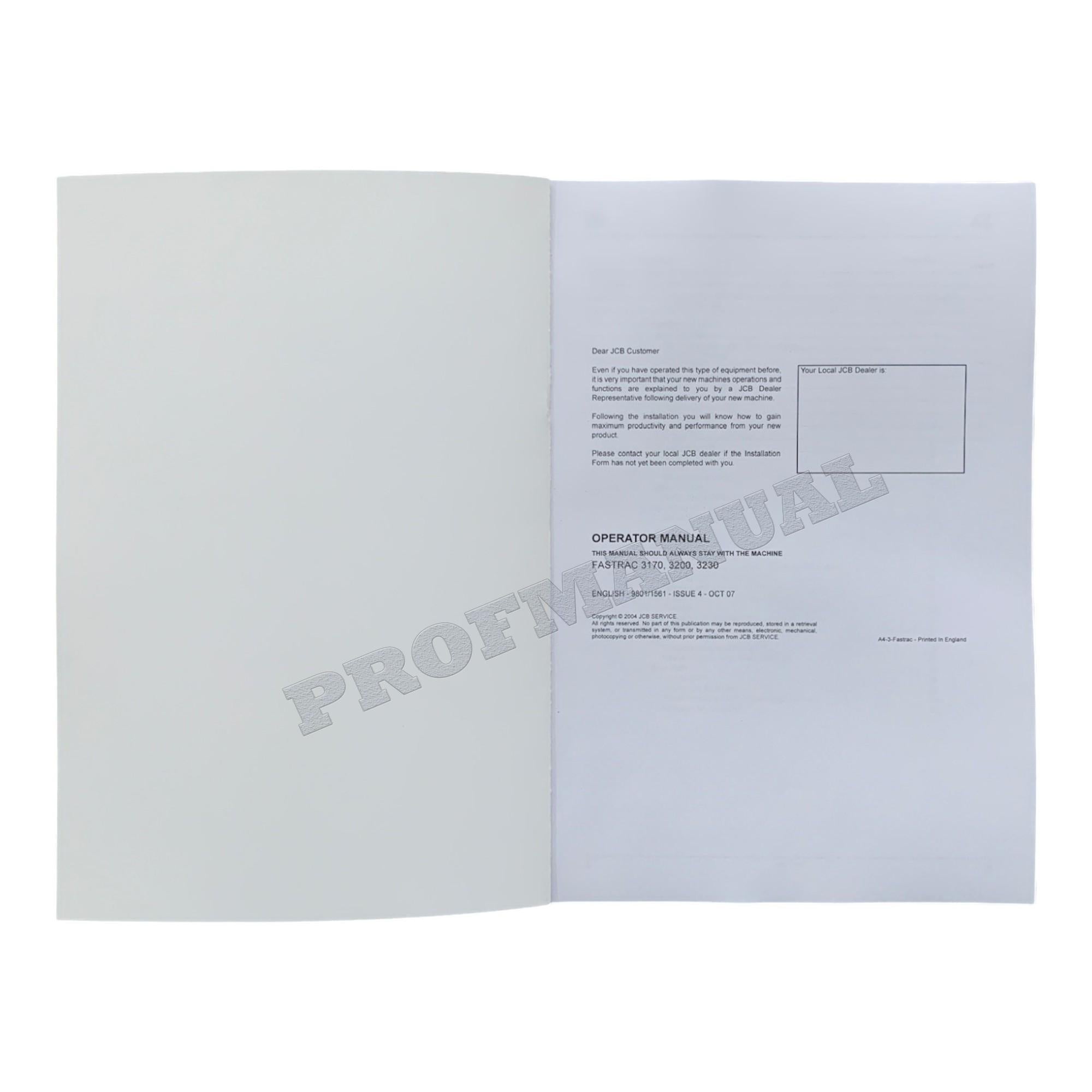 JCB 3170 3200 3230 FASTRAC Tractor Operators Manual