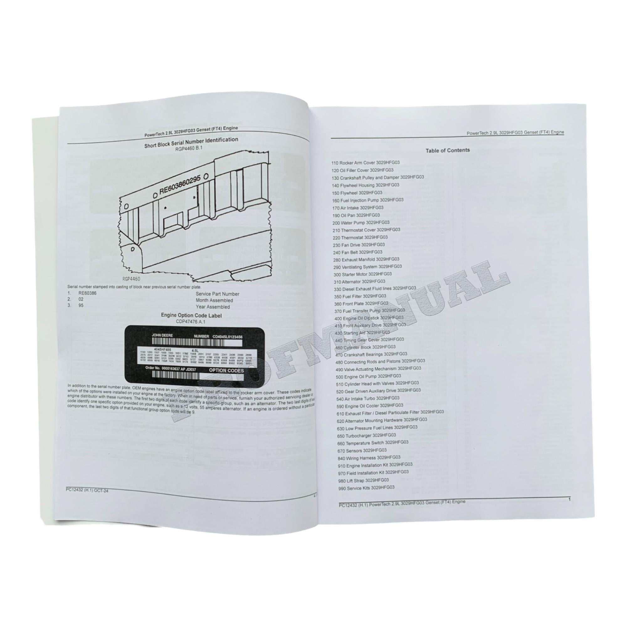 John Deere PowerTech 2.9L 3029HFG03 Genset FT4 Engine Parts Catalog Manual