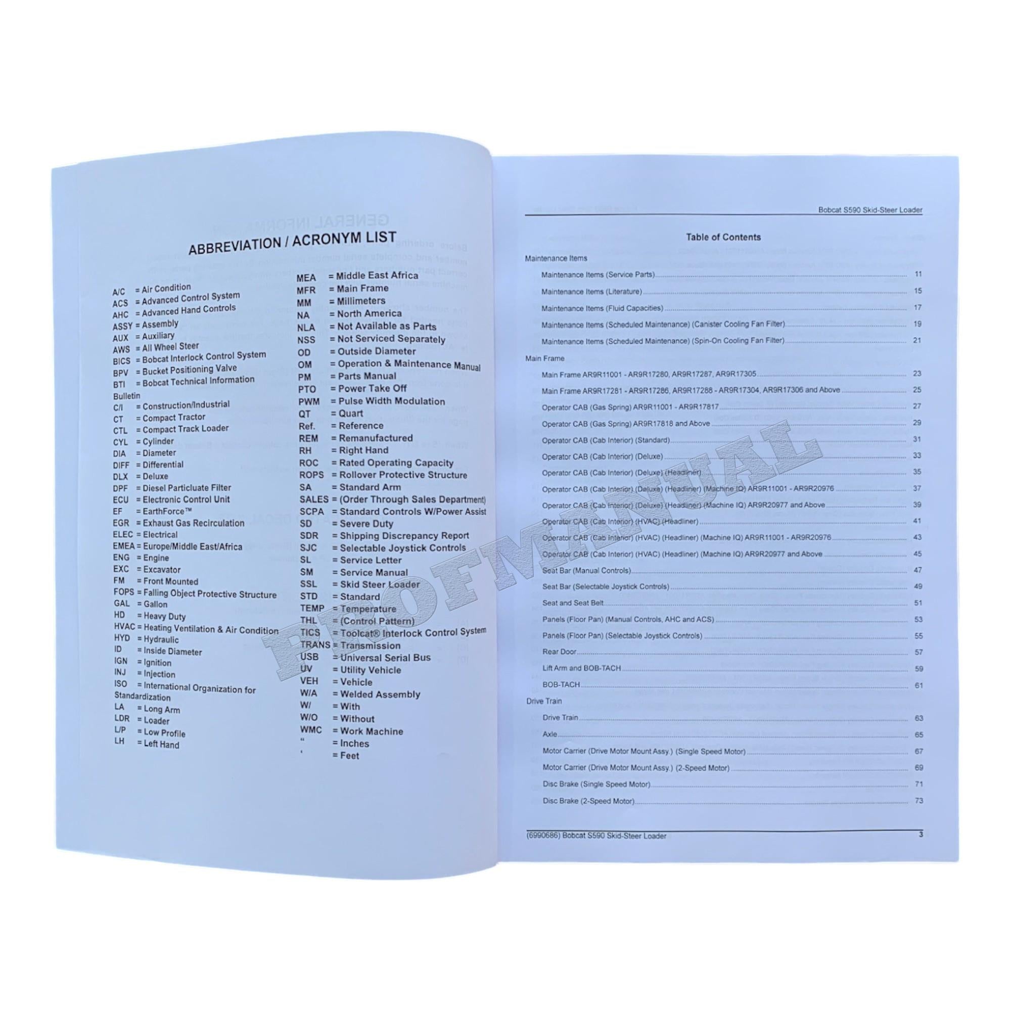 Catálogo de piezas del cargador de dirección deslizante Bobcat S590 Manual AR9R11001-