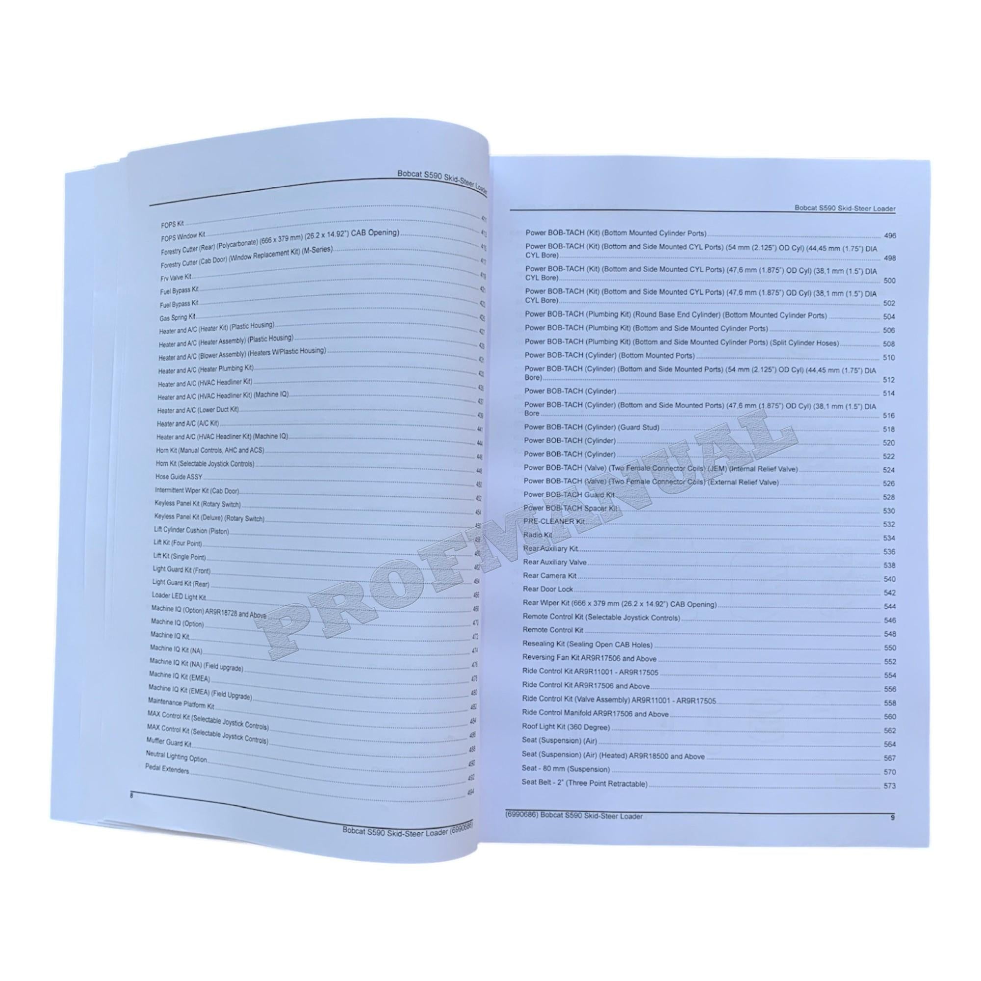 Bobcat S590 Skid Steer Loader Parts Catalog Manual AR9R11001-