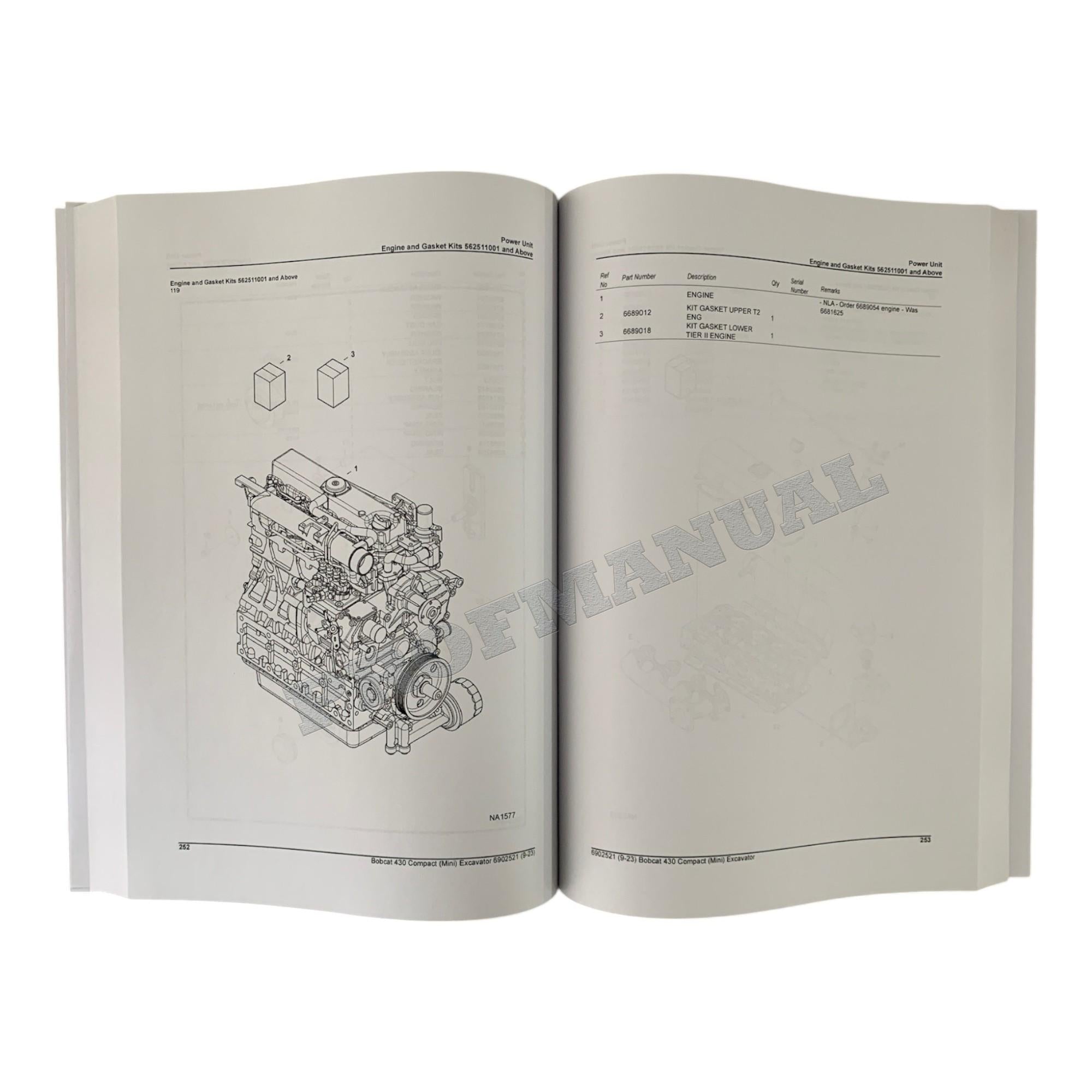 Bobcat 430 Excavator Parts Catalog Manual 562511001- 562711001-