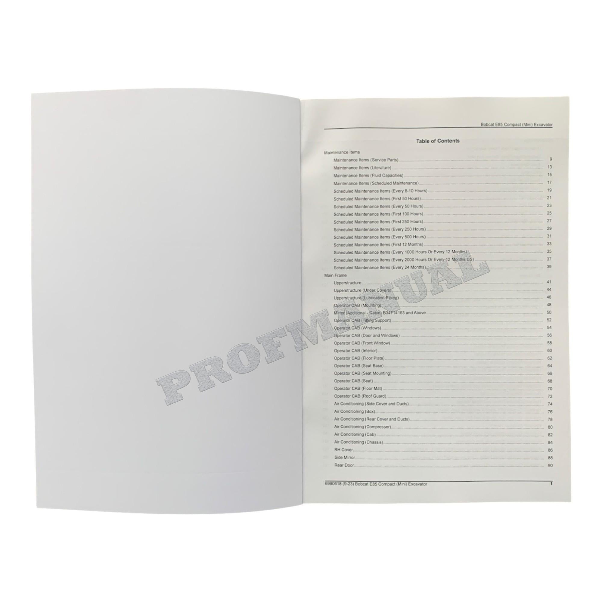 Bobcat E85 Excavator Parts Catalog Manual B34T11001-