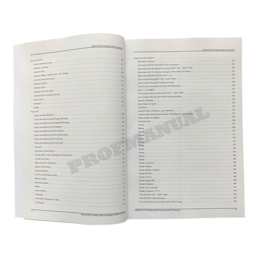 Bobcat E85 Excavator Parts Catalog Manual B34T11001-
