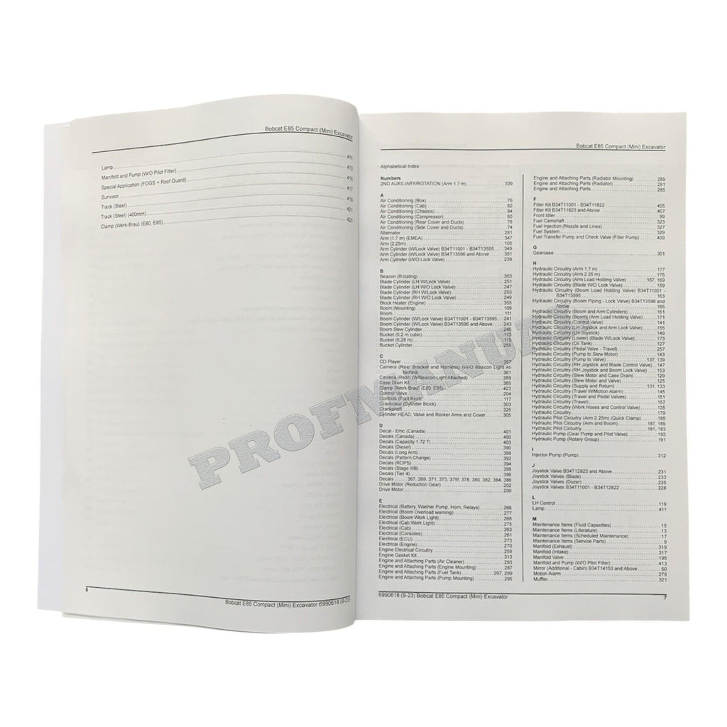Bobcat E85 Excavator Parts Catalog Manual B34T11001-