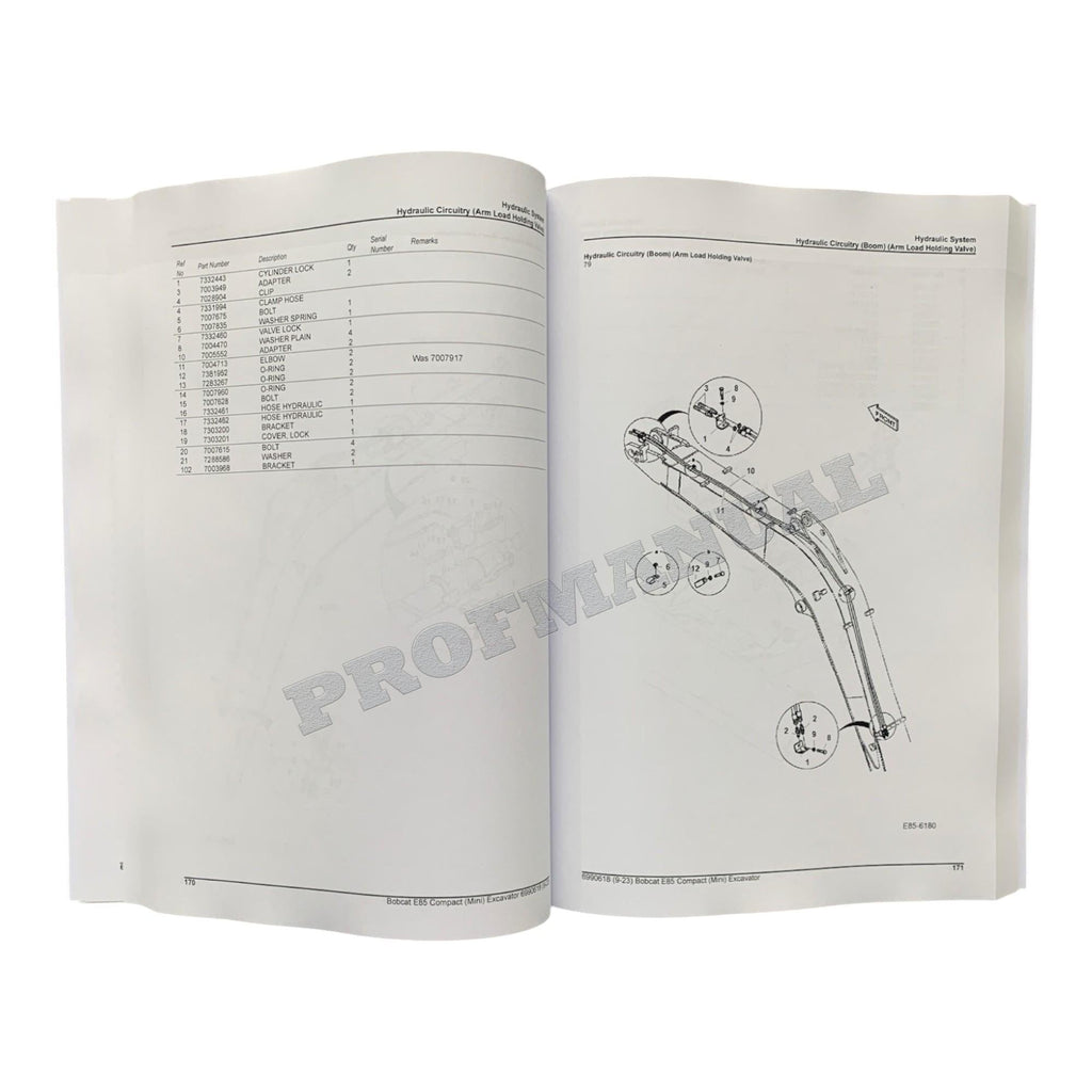 Bobcat E85 Excavator Parts Catalog Manual B34T11001-