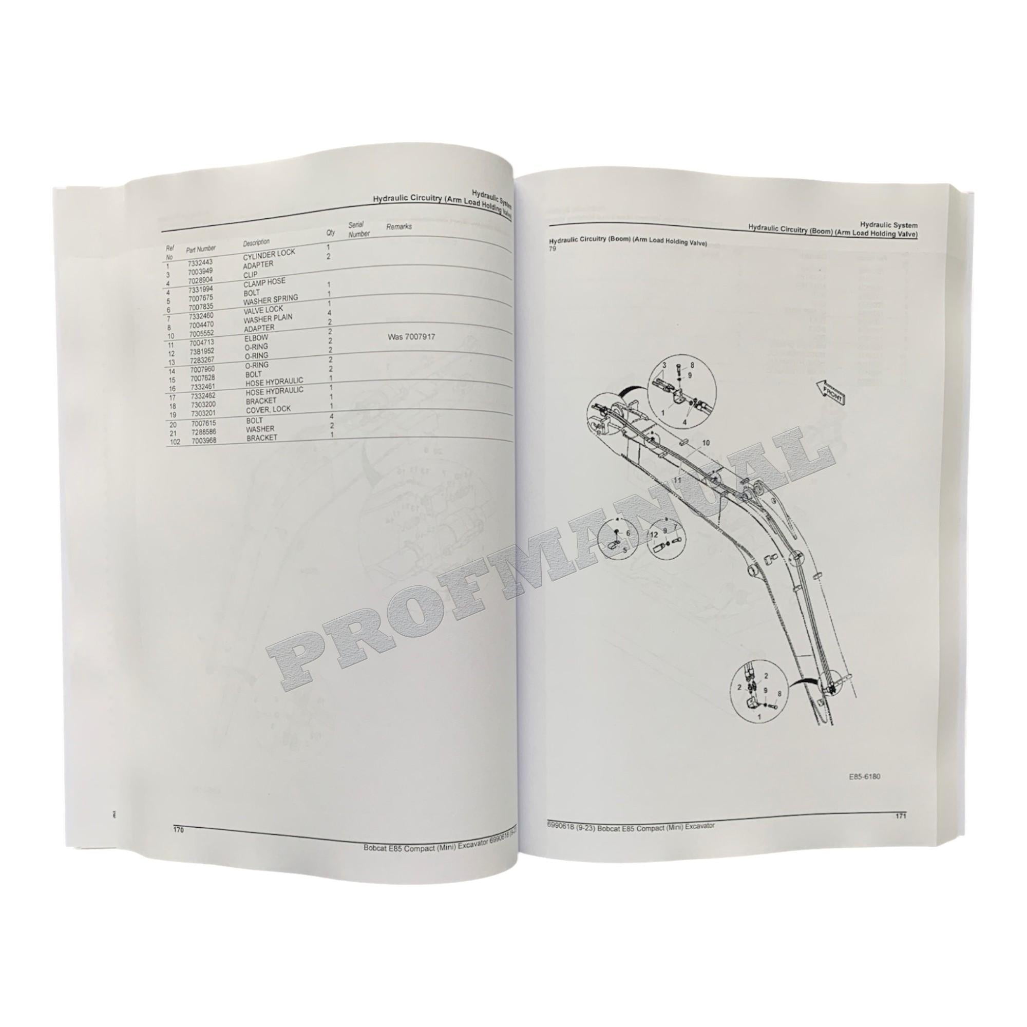 Bobcat E85 Excavator Parts Catalog Manual B34T11001-