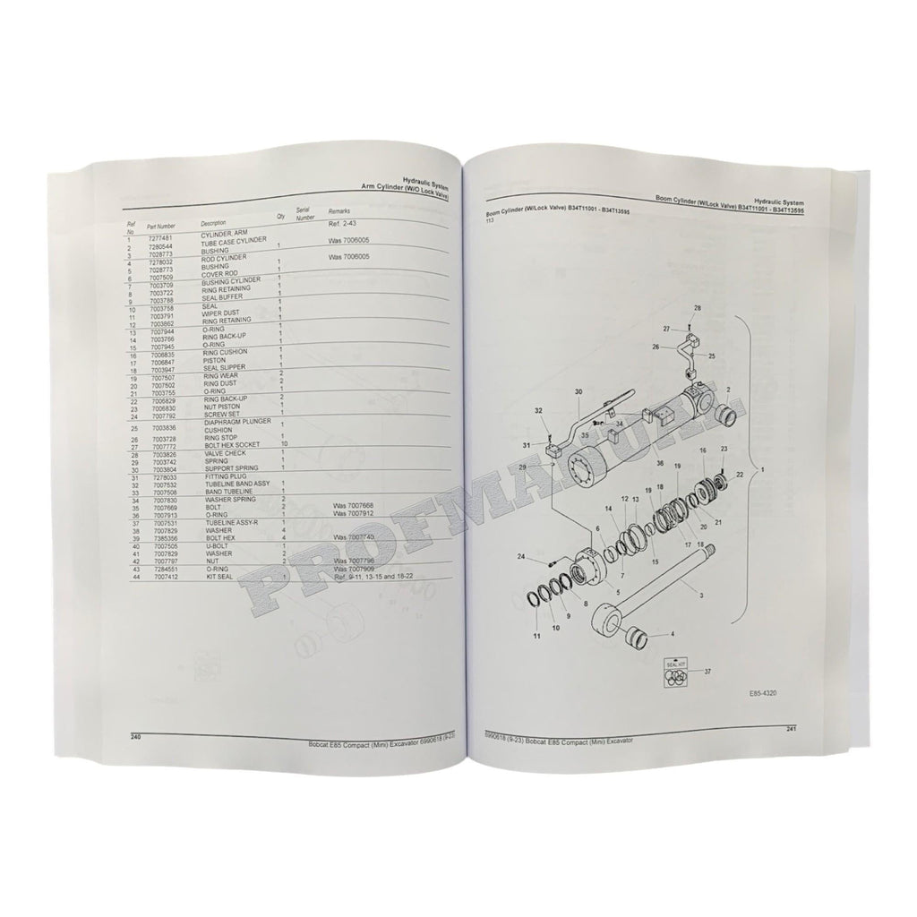 Bobcat E85 Excavator Parts Catalog Manual B34T11001-