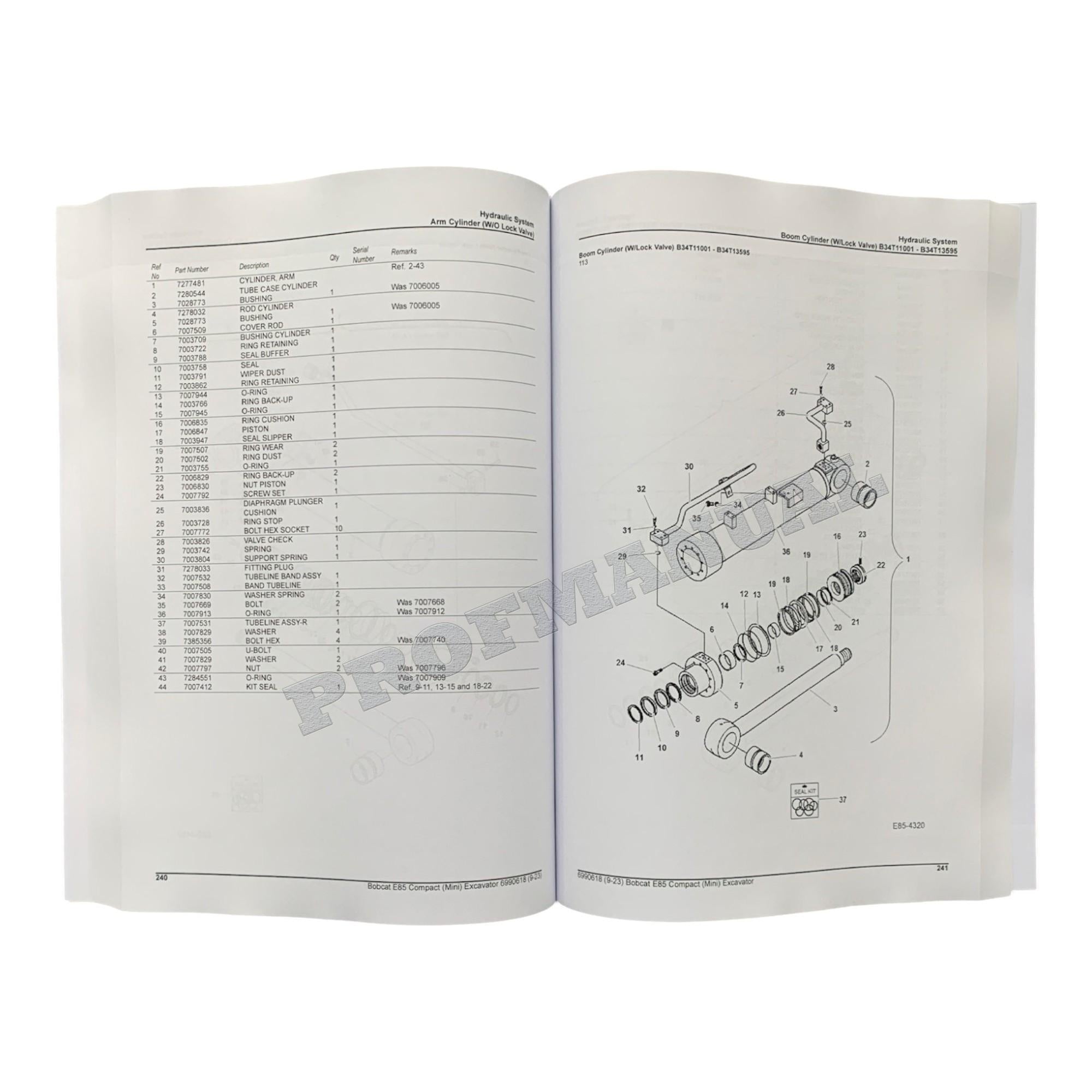 Bobcat E85 Excavator Parts Catalog Manual B34T11001-