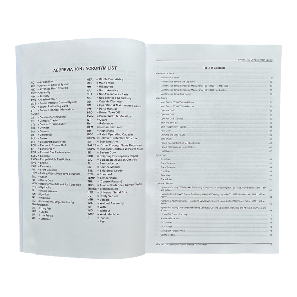 Bobcat T250 Compact Track Loader Parts Catalog Manual 531811001- 531911001-